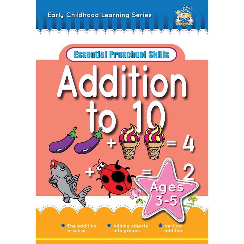 Greenhill Activity Book for 3-5 years, engaging workbook for teaching addition to 10 with colorful illustrations and fun exercises.