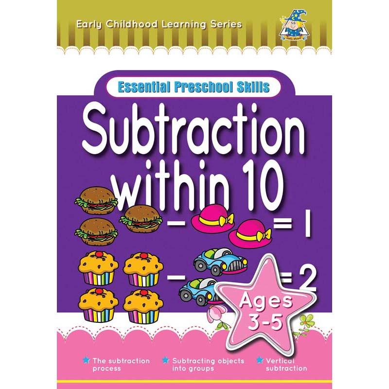 Colorful activity book for preschoolers teaching subtraction within 10 through engaging exercises and illustrations.