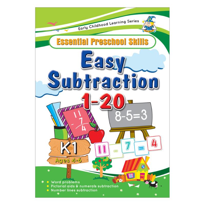 Greenhill Activity Book for ages 4-6, featuring fun activities to teach easy subtraction skills with vibrant illustrations.