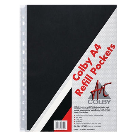 Colby A4 Art Display Book Refills with 10 durable, acid-free pockets for preserving and showcasing artwork and documents.