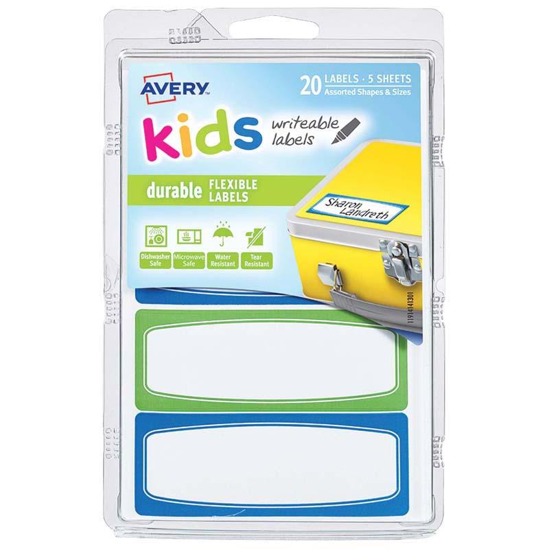 Durable green and blue border labels for kids, perfect for organizing school supplies and toys, 20 vibrant labels total.