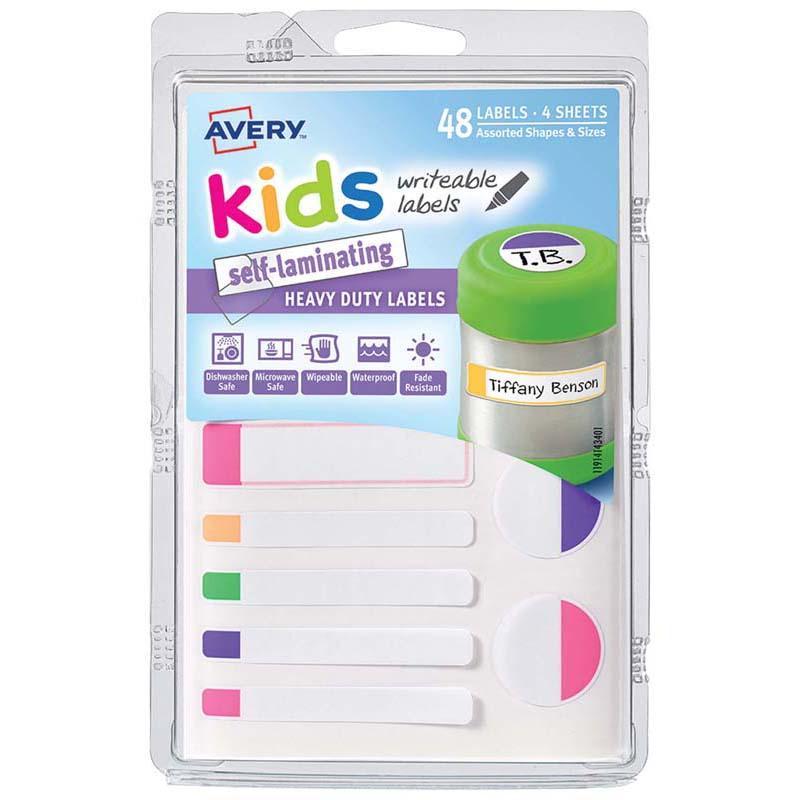 Vibrant self-laminating labels for kids, perfect for personalizing school supplies and durable against daily use.