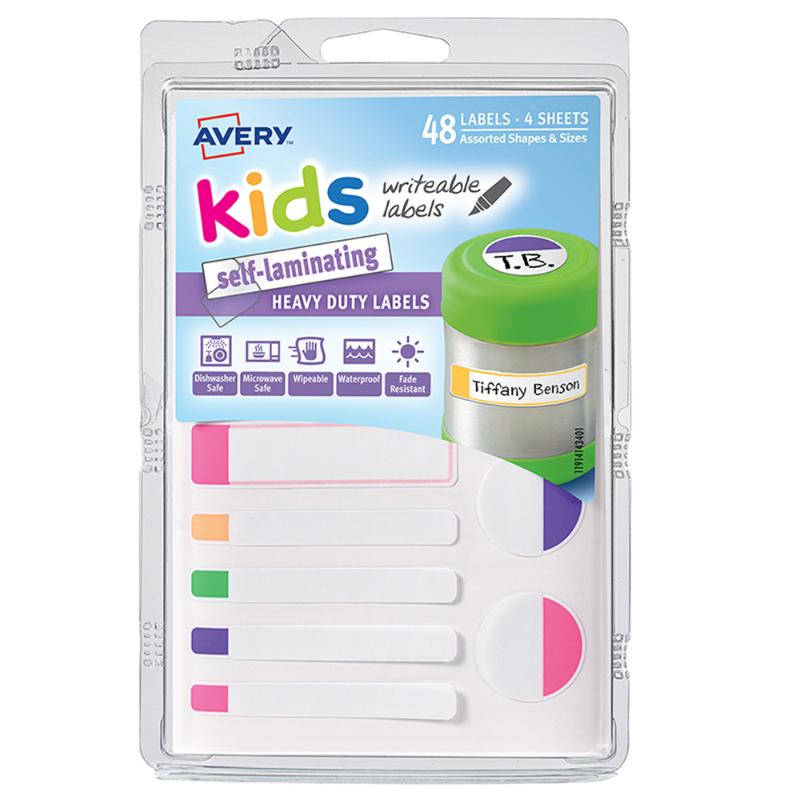 Vibrant self-laminating labels in assorted shapes and sizes, perfect for kids' school supplies and creative projects.