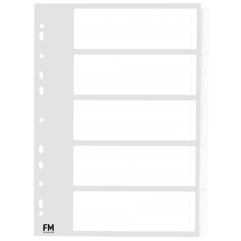 FM Indices A4 5 Tab White Cardboard dividers for organized document management with durable tabs and reinforced design.