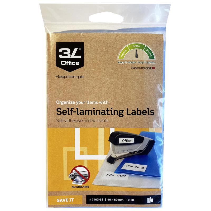 Transparent self-laminating labels, 40x60mm, 18-pack, durable, waterproof, ideal for home and office organization.
