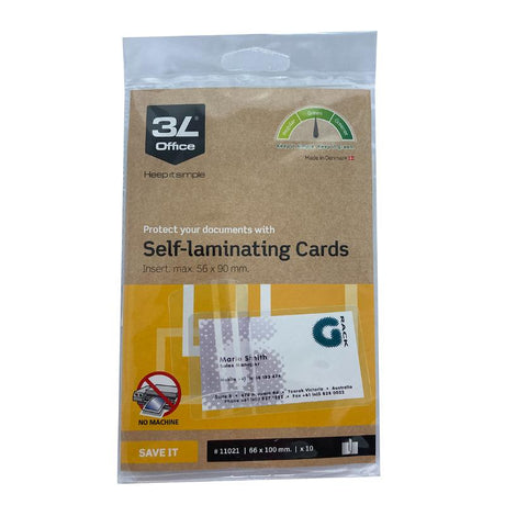 Self-laminating business cards in a 10-pack, sized 56x90mm, offering durability and professional presentation.