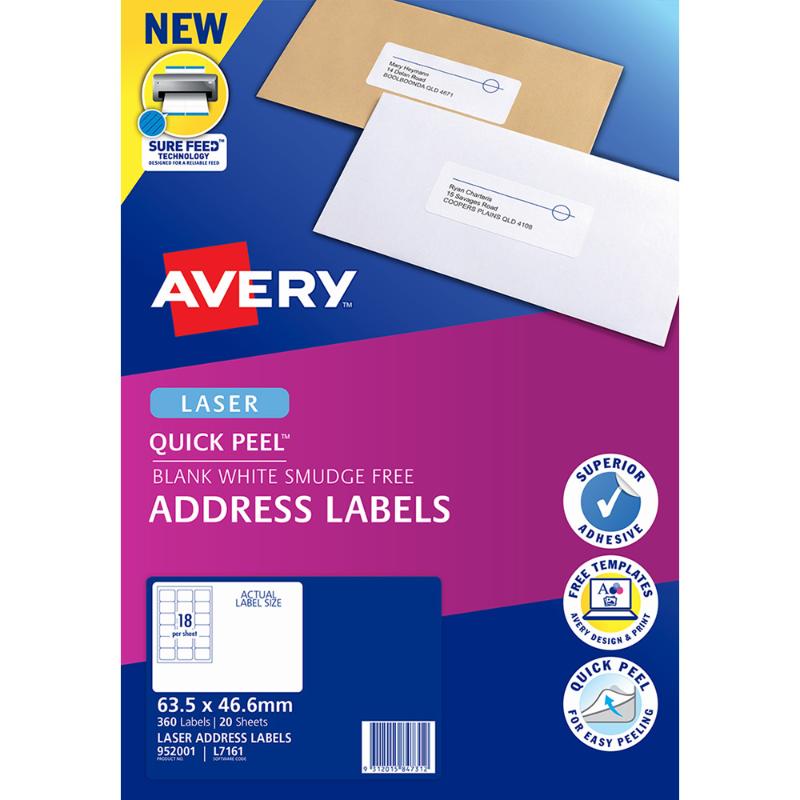 Avery L7161-20 laser labels, 63x46mm, 360 labels per pack, features Quick Peel and Sure Feed technology for easy printing.