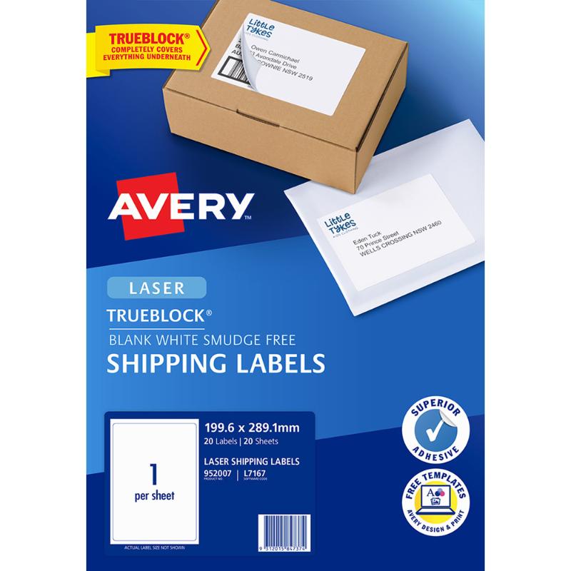 Avery L7167-20 Laser labels, 20 sheets, 199x289mm, with TrueBlock technology, ideal for shipping and organizing.