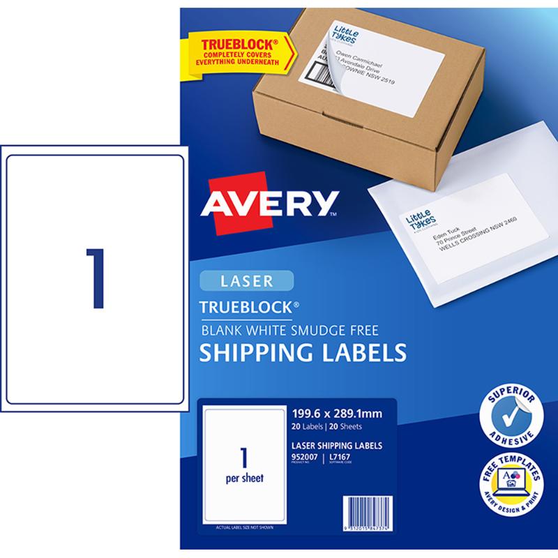 Avery L7167-20 Laser labels, 20 sheets, 199x289mm, with TrueBlock tech for seamless printing and organization.