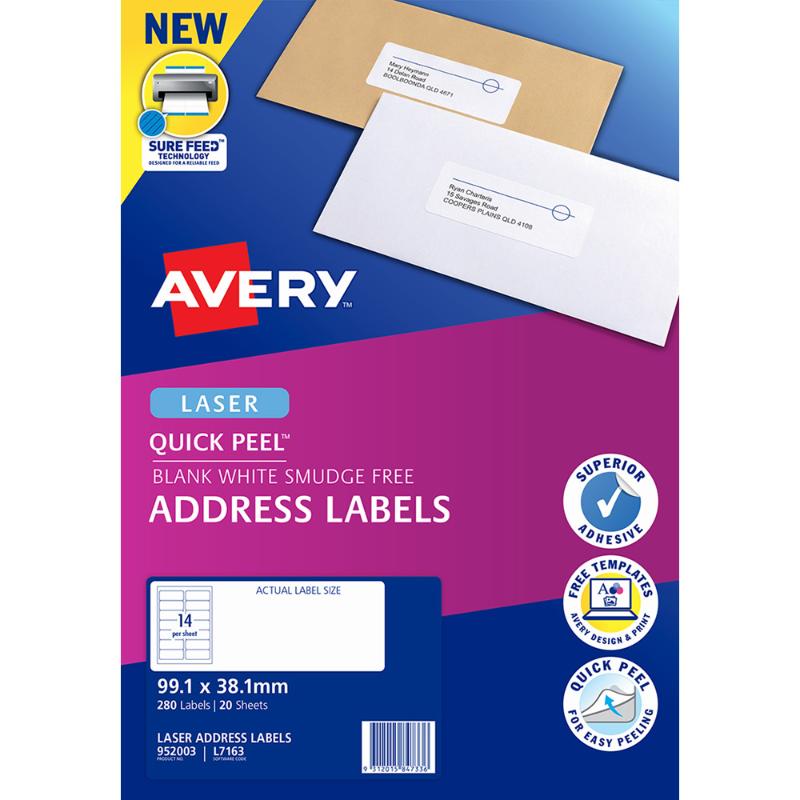 Avery L7163-20 laser labels, 99x38mm, 20 sheets, eco-friendly, easy peel, perfect for organizing and product labeling.