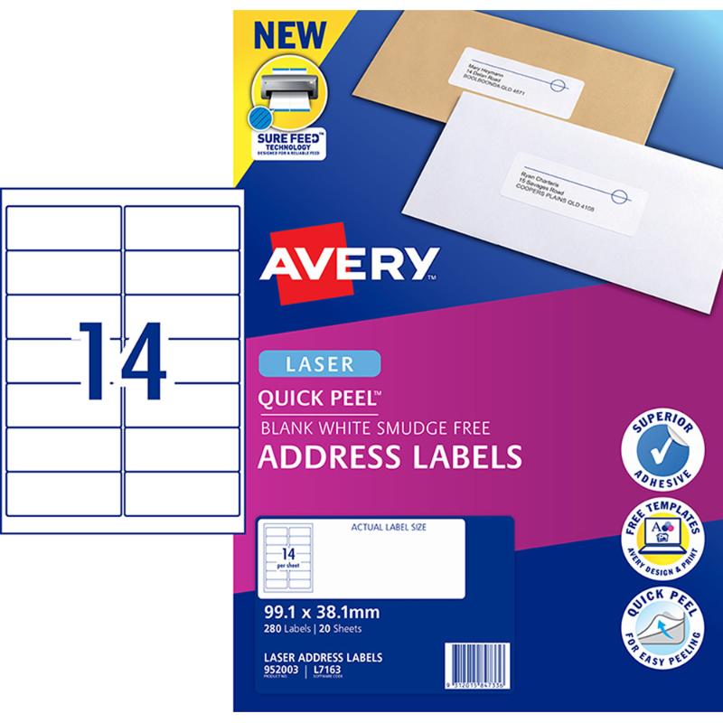 Avery L7163-20 laser labels, 99x38mm, 20 sheets, designed for precision labeling and easy customization.