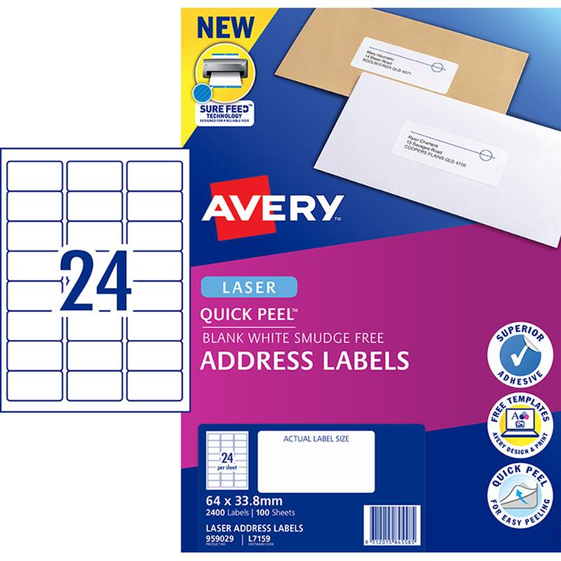 Avery L7159-100 Quick Peel labels, 64x33.8mm, 2400 labels, ideal for versatile labeling and easy customization.