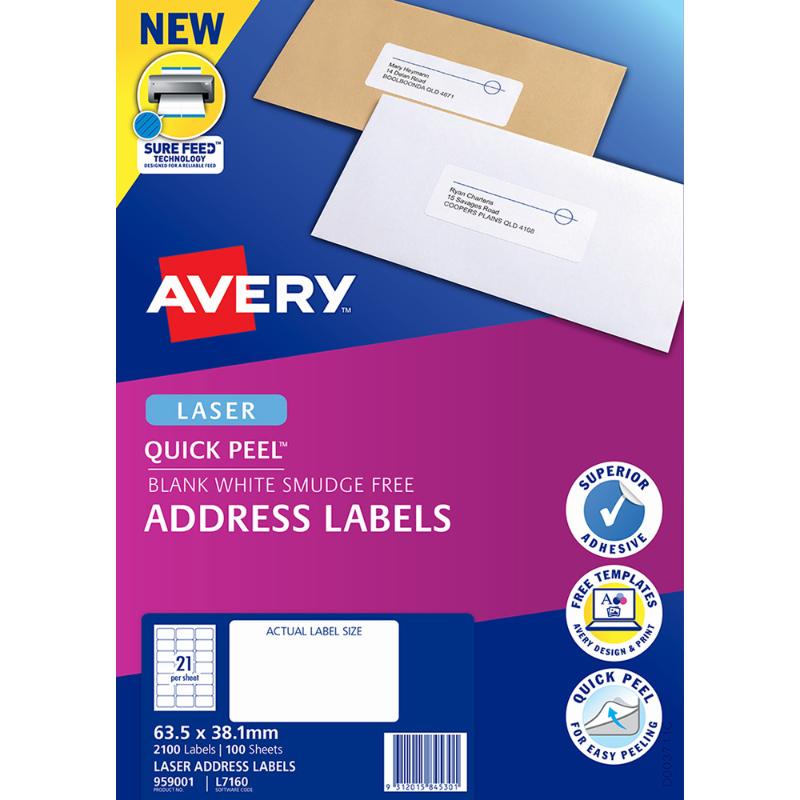 Avery L7160-100 Quick Peel Labels: 63.5x38.1mm, 21 labels/sheet, ideal for laser printers, minimal waste, and easy customization.