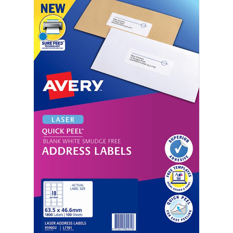 Avery L7161-100 laser labels, 18-up layout, 63.5 x 46.6mm, 100 sheets, ideal for organizing and crafting.