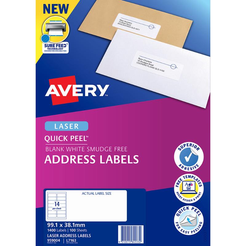 Avery L7163 Quick Peel labels, 99.1x38.1mm, 14-up on 100 sheets, eco-friendly and easy to customize for efficient labeling.
