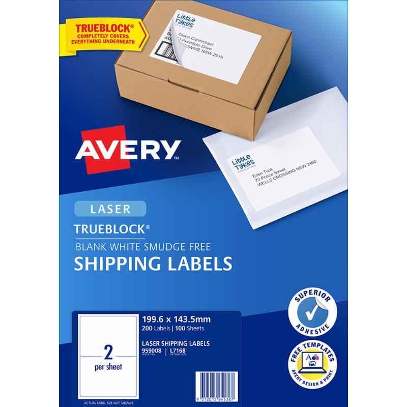 Avery L7168-100 premium 2-up laser labels, 199x143mm, with Trueblock technology for easy customization and sustainability.