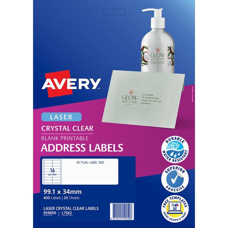 Avery L7562-25 clear labels, 16 labels per sheet, perfect for elegant labeling on envelopes and invitations.