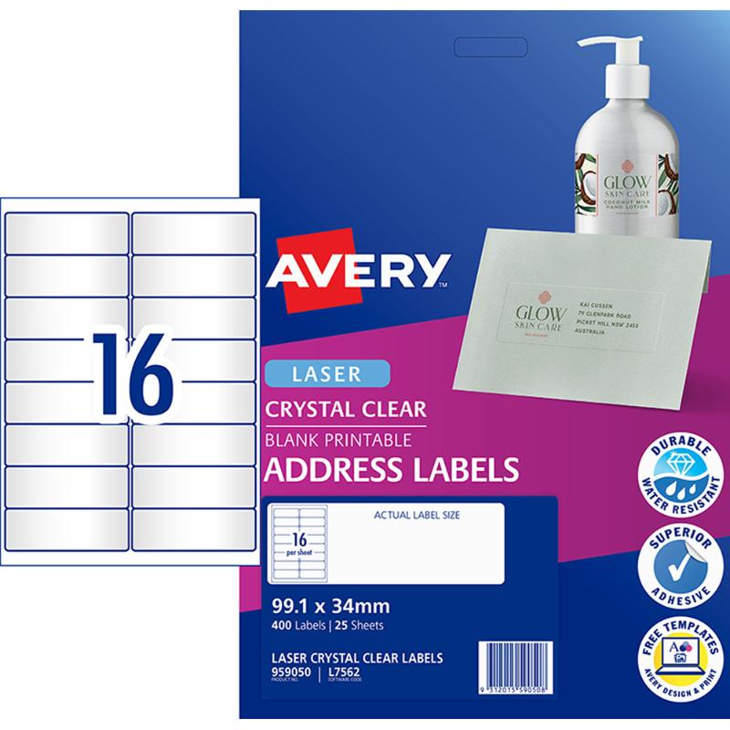 Avery L7562-25 clear labels, 16 per sheet, 99x34mm, ideal for elegant labeling on envelopes and invites.
