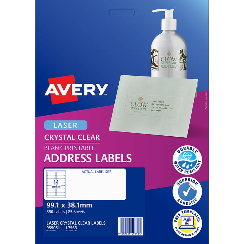 Avery L7563-25 clear labels, glossy finish, 14 labels per sheet, ideal for personalized labeling projects.