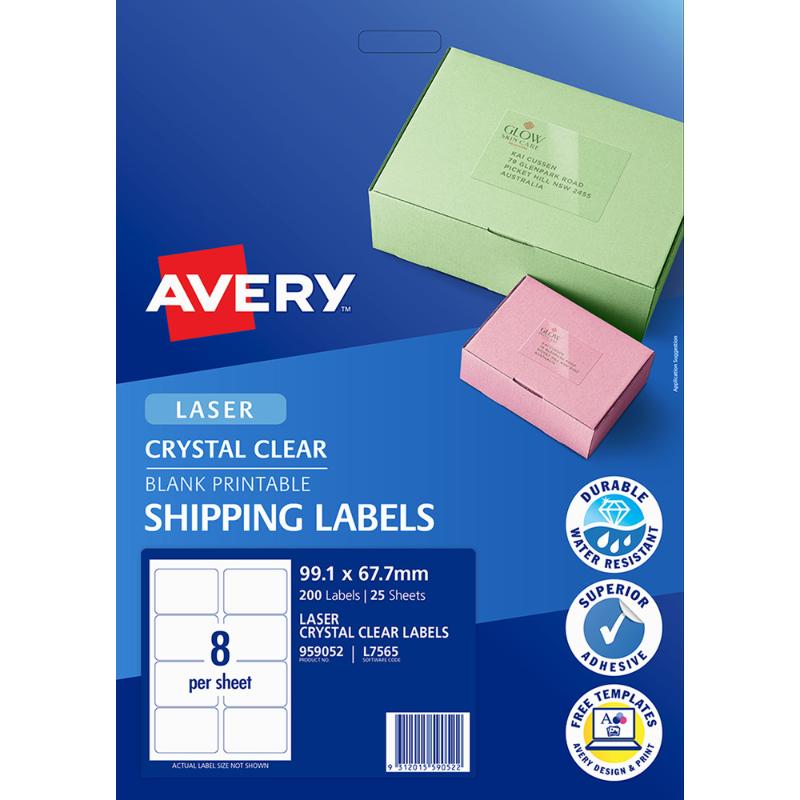 Avery L7565-25 Clear Labels, 8-up per sheet, 99x67mm, durable, oil and tear-proof for professional labeling.