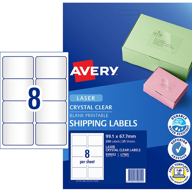 Avery L7565-25 clear labels, 99x67mm, 8-up sheets, durable and ideal for professional labeling projects.