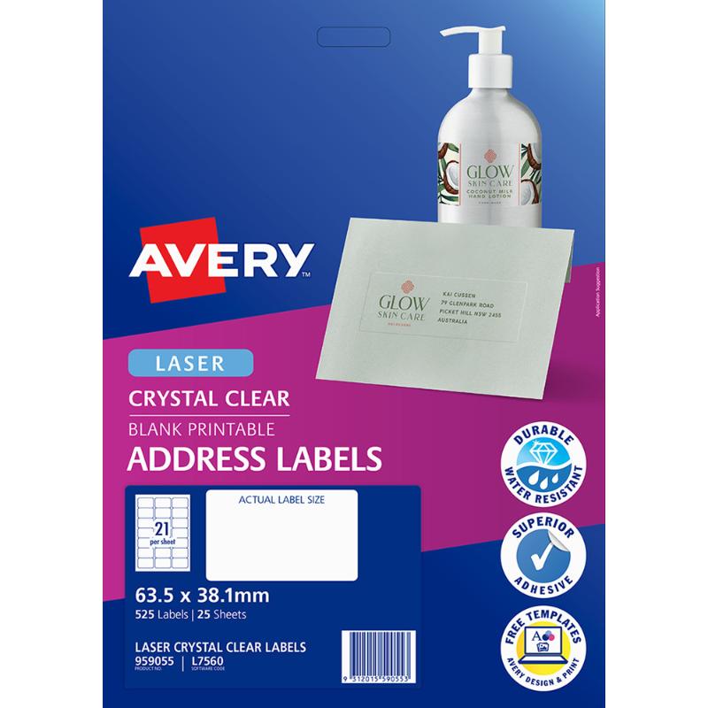 Avery L7560-25 Clear Labels, 63x38mm, 525 labels, perfect for enhancing invitations and presentations.