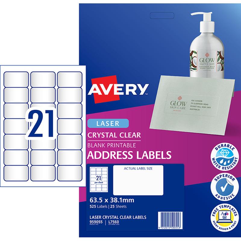 Avery L7560-25 Clear Labels in glossy material for colored envelopes and invitations, 525 labels in total, 21 per sheet.