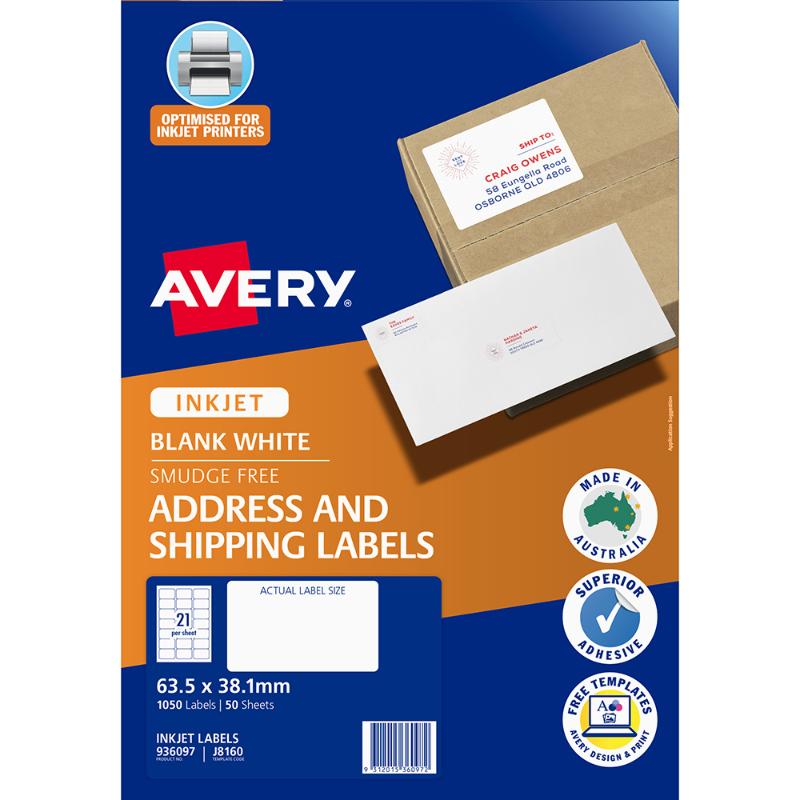 Avery J8160-50 inkjet labels, 63x38mm, 1050 labels, eco-friendly, easy peel, designed for efficiency in organizing and branding.
