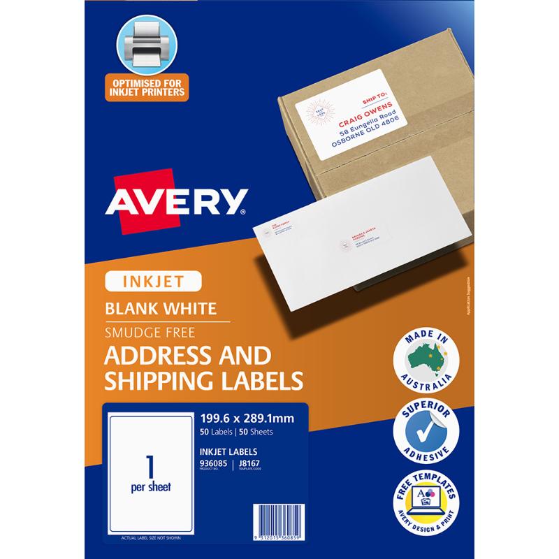 Avery J8167-50 inkjet labels, 50 sheets, 199x289mm, designed for efficient labeling and easy customization.