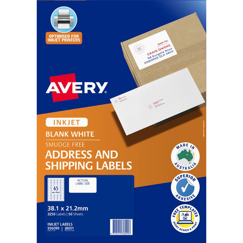 Avery J8651-50 inkjet labels, 65 labels per sheet, 38x21mm, 50 sheets, ideal for organizing and custom printing.