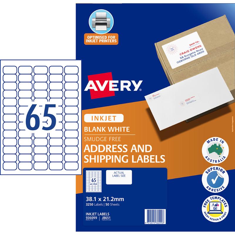 Avery J8651-50 Inkjet Labels: 50 sheets with 65 labels per sheet, perfect for organizing, crafting, and professional use.