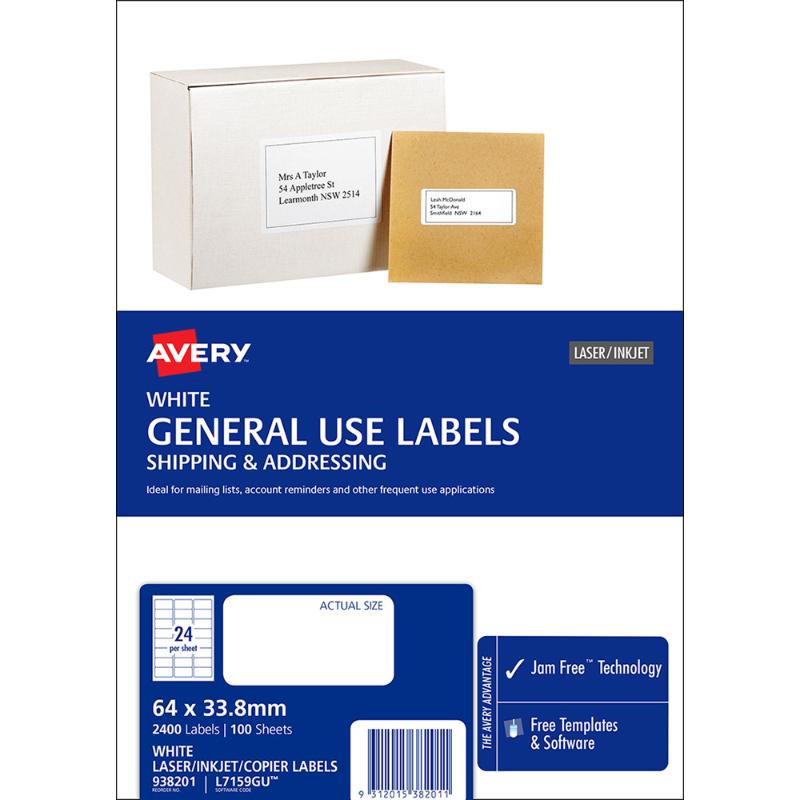 Avery L7159 labels, 64x33.8mm, 24 per sheet, 100 sheets, compatible with laser and inkjet printers, eco-friendly.