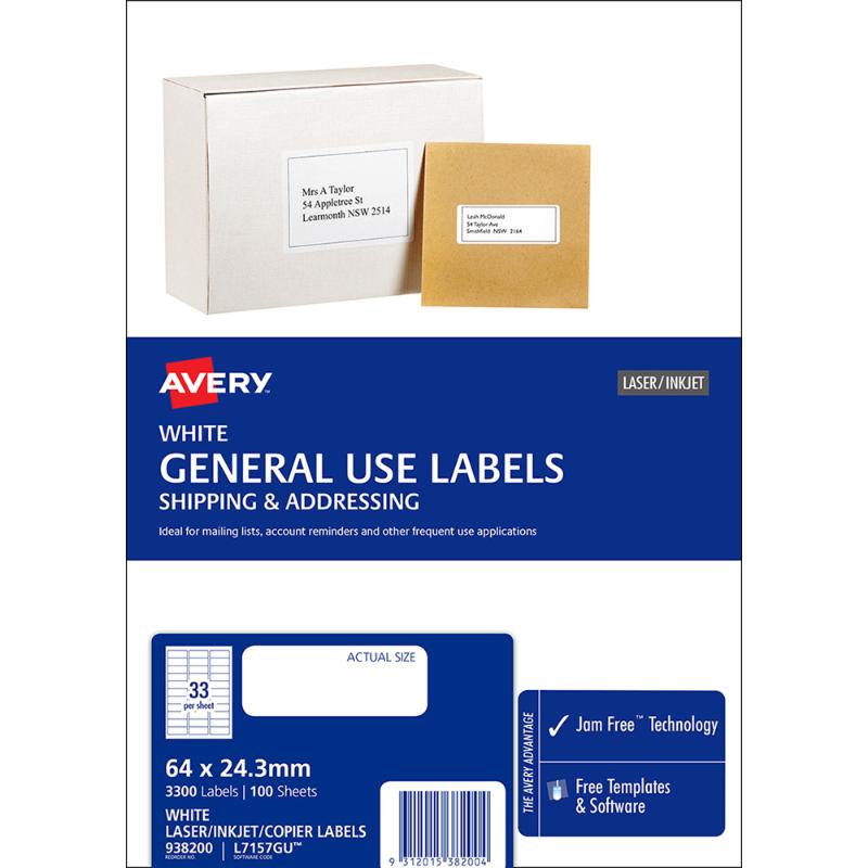 Avery L7157 white labels, 64x24.3mm, 33-up layout, 100 sheets, ideal for home/office use and compatible with various printers.
