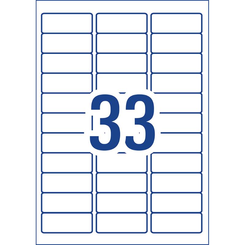 Avery L7157 labels, 64x24.3mm, 33-up layout, 3300 labels, suitable for laser and inkjet printers, FSC certified.