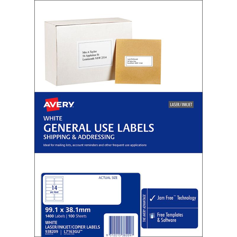 Avery L7163 A4 labels: 1400 labels (99x38mm) for organized mailing, eco-friendly, compatible with laser and inkjet printers.