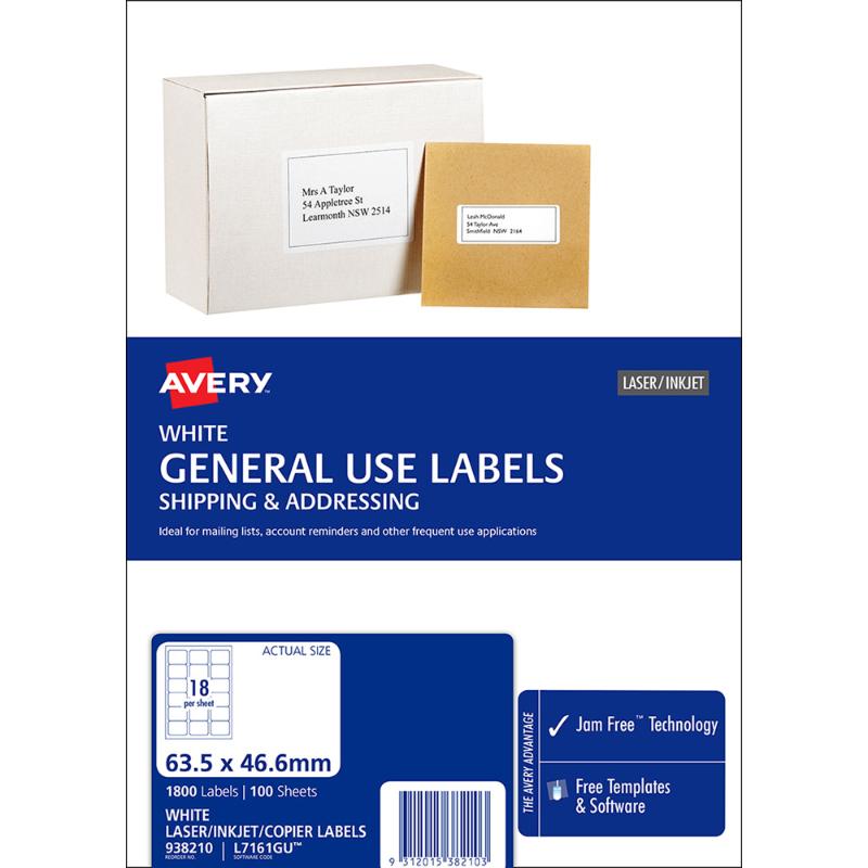 Avery L7161 A4 labels, 63x46mm, 18 per sheet, eco-friendly, for inkjet and laser printers, 1800 total labels.