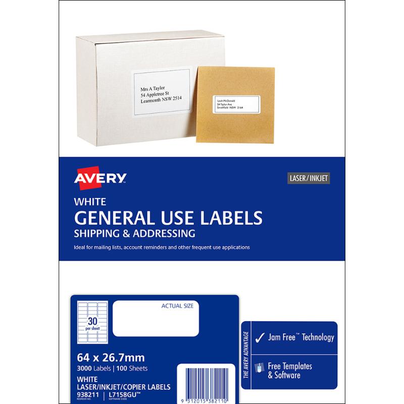 Avery L7158 labels, 64x26.7mm, 3000 white labels for versatile printing, Jam-Free Technology for smooth use.