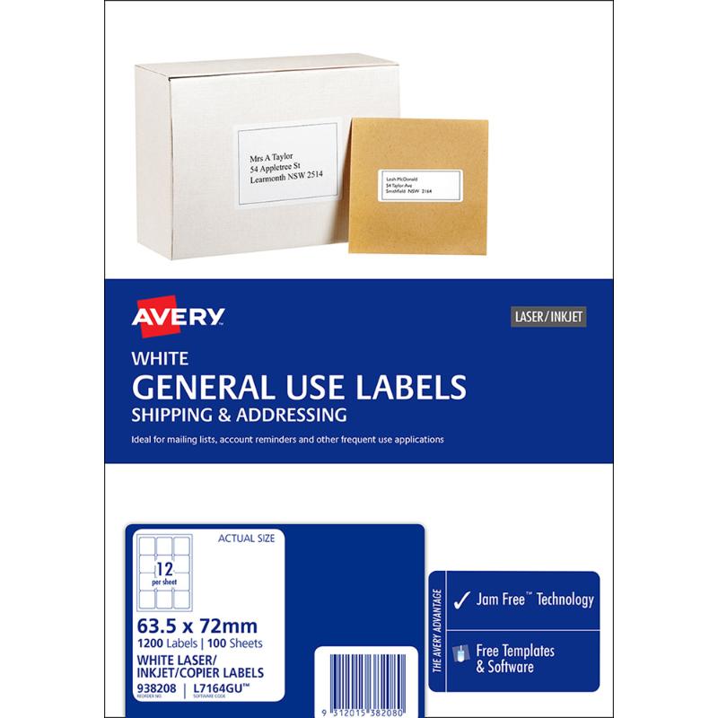 Avery L7164 A4 labels, 12 per sheet, 63x72mm, eco-friendly, jam-free printing, 100 sheets, 1200 labels total.