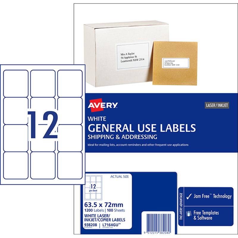 Avery L7164 A4 labels, 63x72mm, 12 per sheet, 100 sheets, eco-friendly, jam-free for smooth printing.