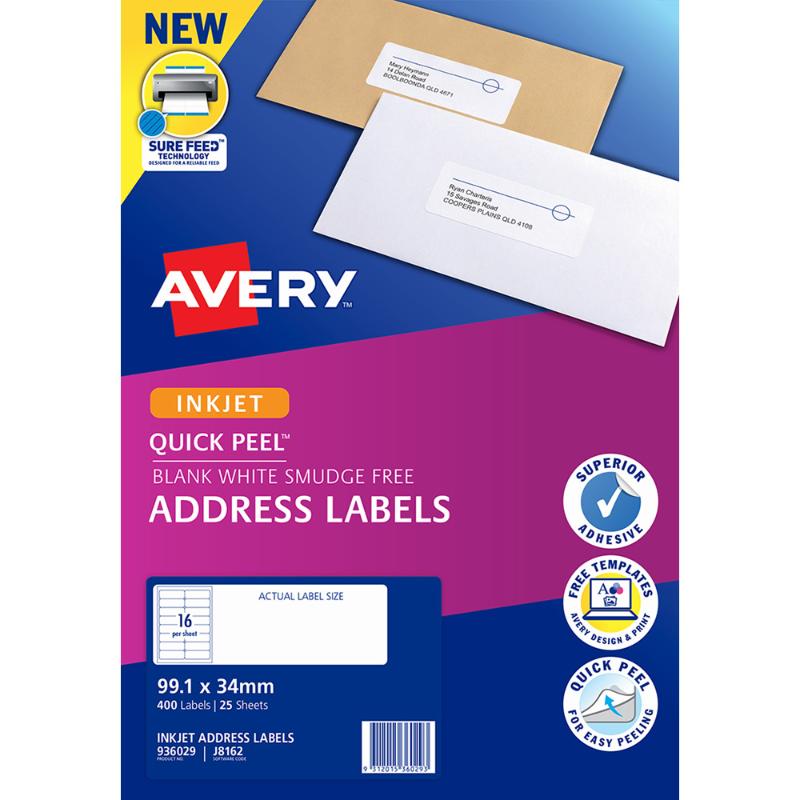 Avery J8162-25 Inkjet labels, 400 white labels on 25 sheets, ideal for address and product labeling with Sure Feed technology.