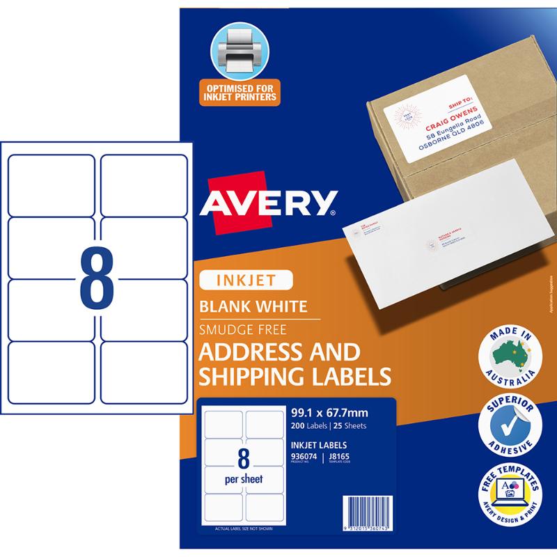 Avery J8165-25 inkjet labels, 8-per-sheet, 99x67mm, ideal for shipping, organizing, and crafting, with TrueBlock technology.