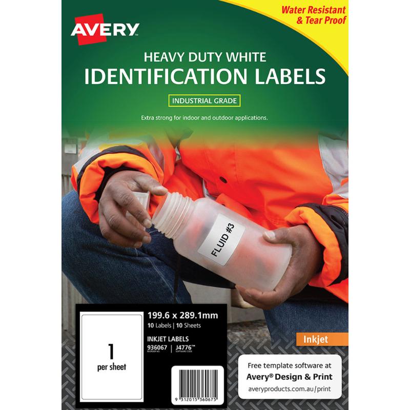 Avery Heavy Duty ID Label J4776 White Inkjet 199.6x289.1mm 1up 10 Sheets