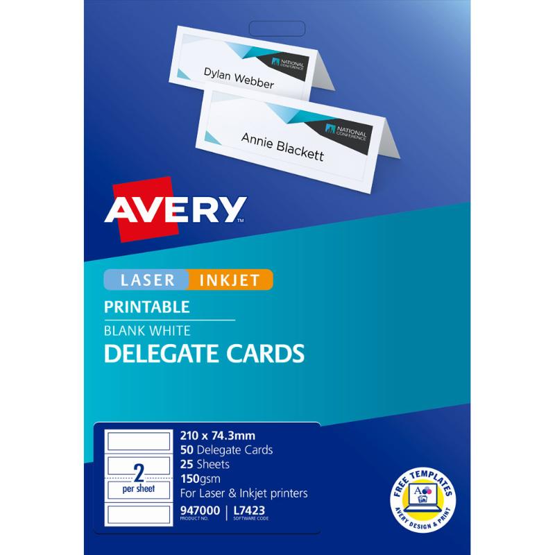 Avery Delegate Cards, matte white, customizable, perfect for events, 50 cards, double-sided, professional finish.