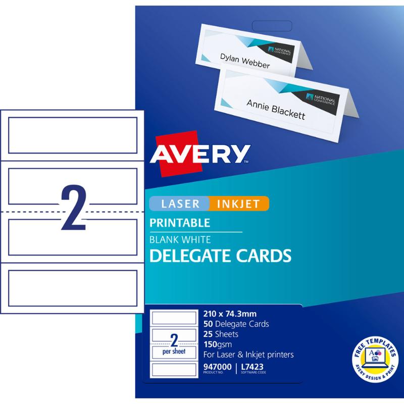 Avery Delegate Cards: 50 customizable name tags for events, double-sided, heavyweight matte, compatible with inkjet and laser printers.