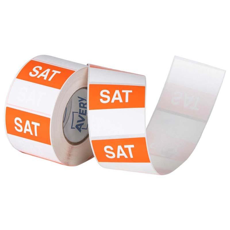 Vibrant orange and white 40x40mm labels with removable adhesive for easy organization and food safety. 500 labels per roll.