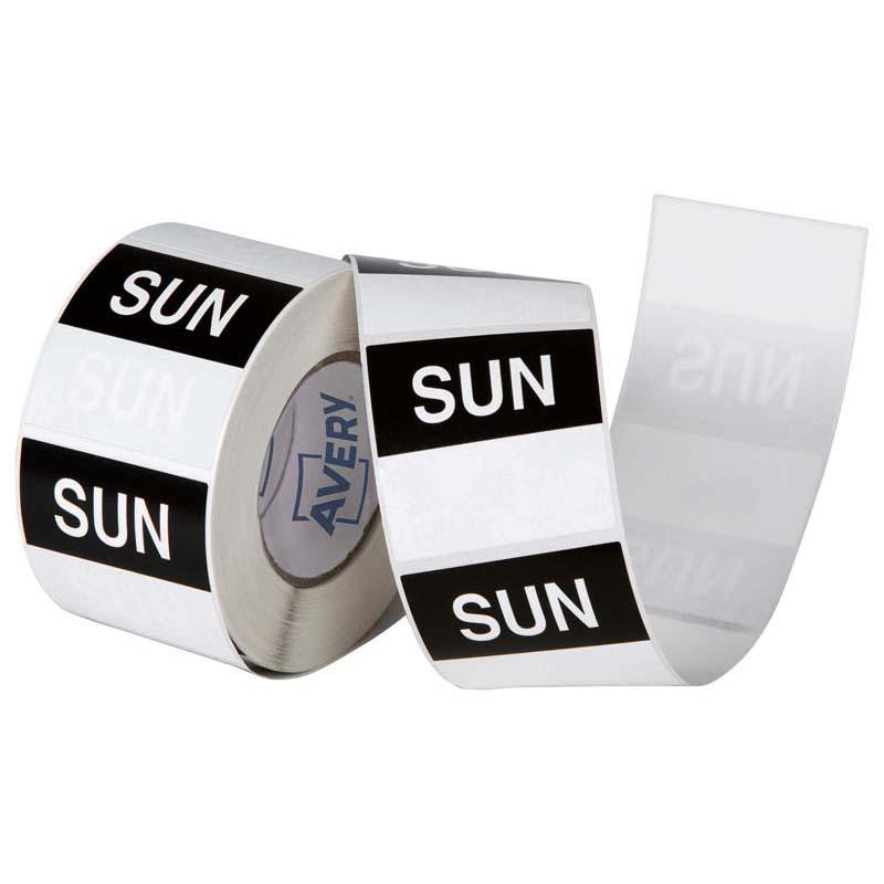 Avery Sunday Square Labels, 40x40mm, black and white, durable polyester, removable adhesive, perfect for food storage.