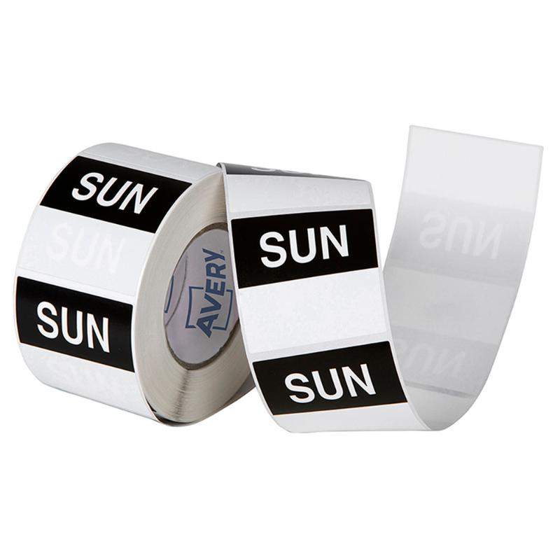 Avery Sunday Square labels in black and white, 40x40mm, ideal for food storage and organization, 500 labels per roll.