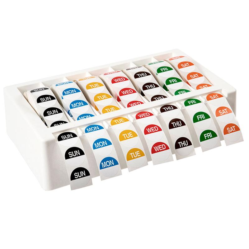Avery Label Dispenser Day Kit with white 24mm round labels for daily organization in kitchen or office settings.