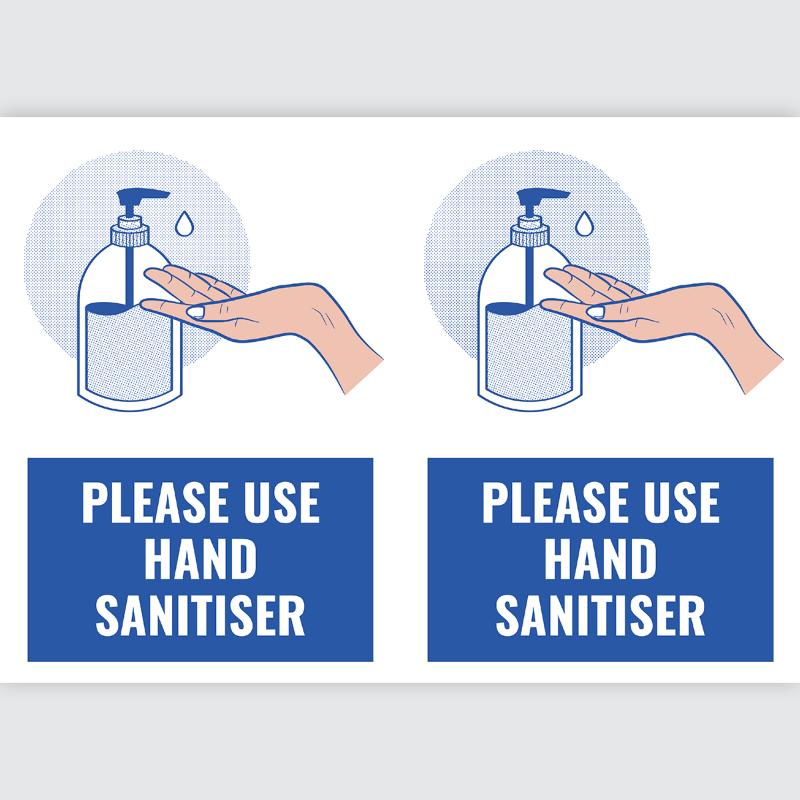 A4 self-adhesive sign promoting hand sanitiser use, suitable for various indoor and outdoor settings, 5 tear-proof sheets included.