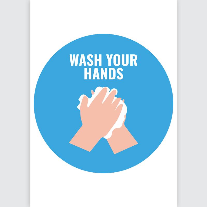 Round self-adhesive sign promoting handwashing, 20cm, blue and white, durable for indoor/outdoor use, 5 sheets included.